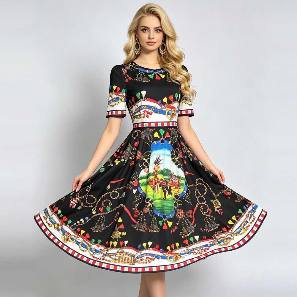 Round neck printing slim high waist big skirt dress