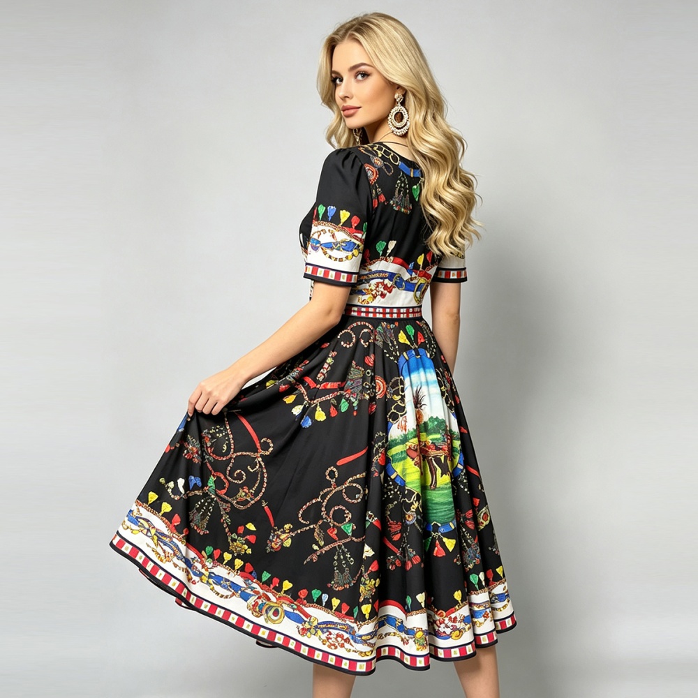 Round neck printing slim high waist big skirt dress