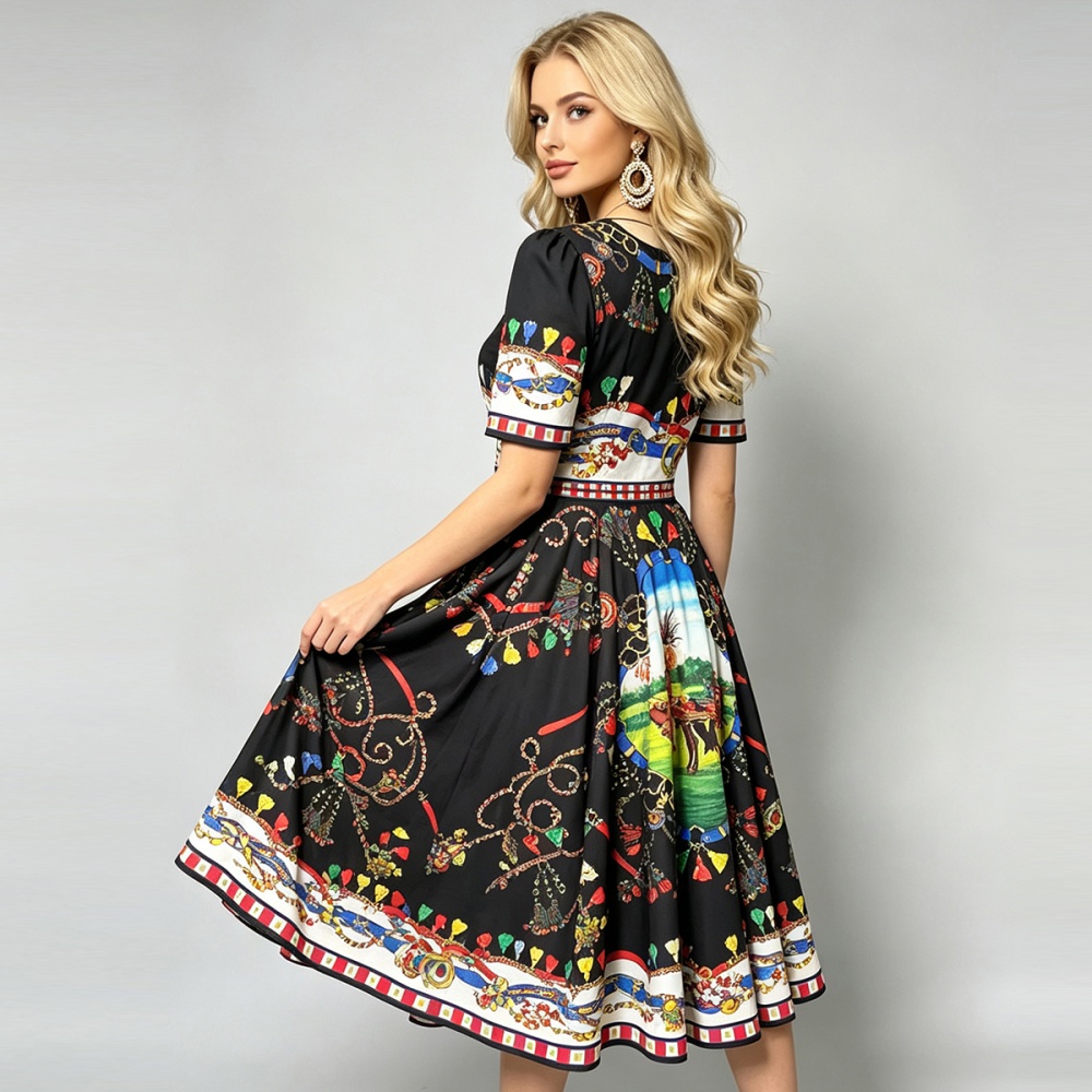 Round neck printing slim high waist big skirt dress