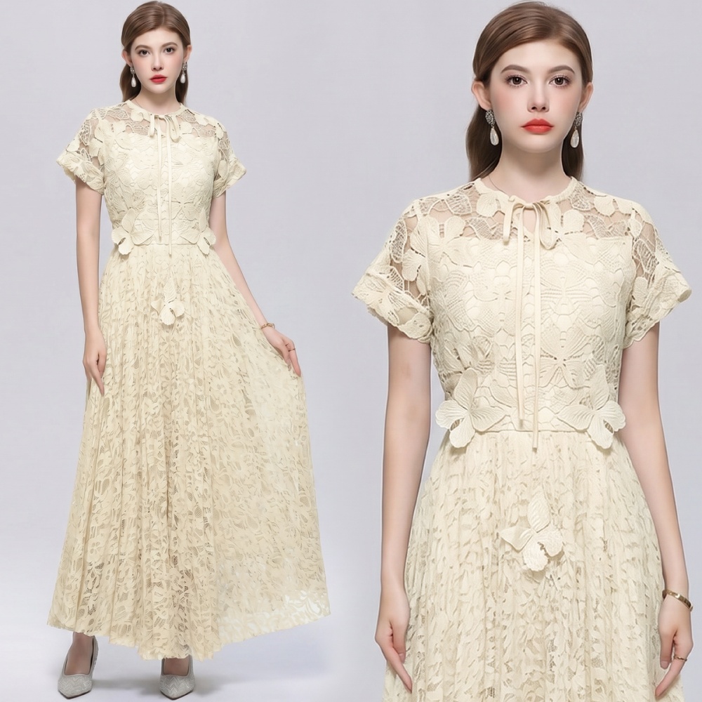 Light luxury hollow lace dress embroidery France style long dress