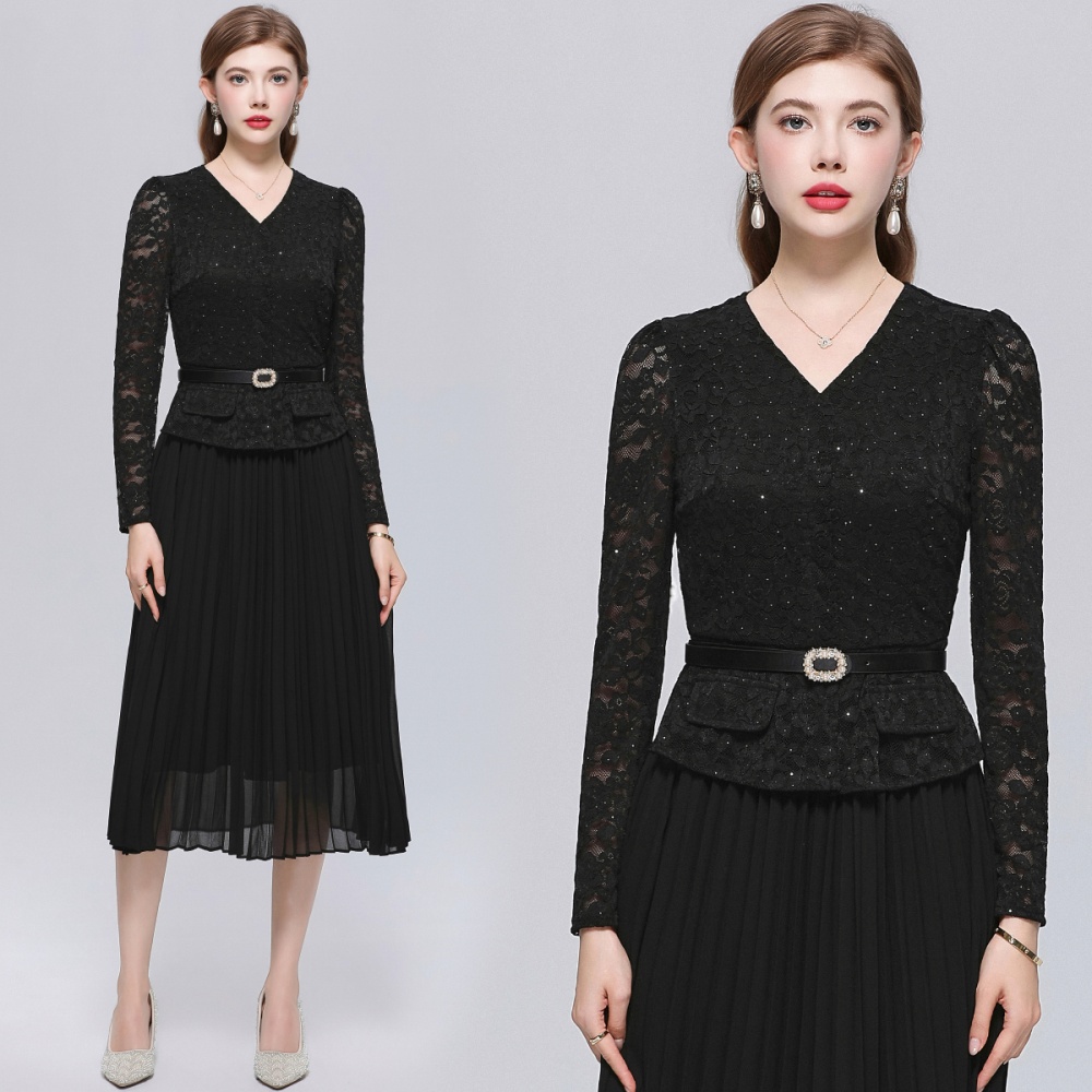 Hepburn style France style pleated with belt V-neck dress