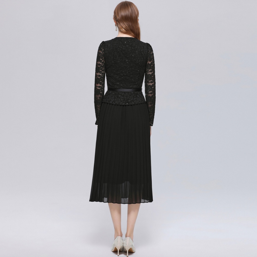Hepburn style France style pleated with belt V-neck dress