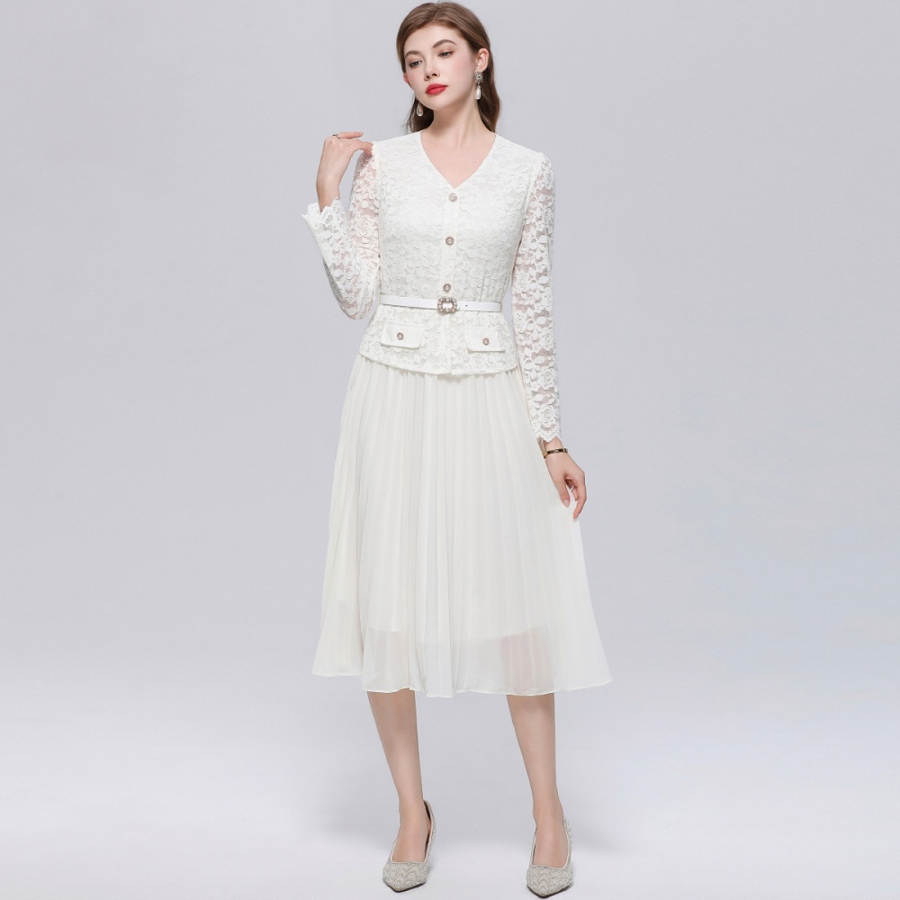 V-neck pinched waist with belt long sleeve dress