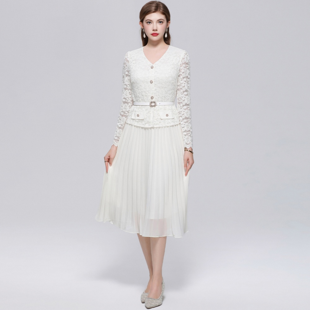 V-neck pinched waist with belt long sleeve dress
