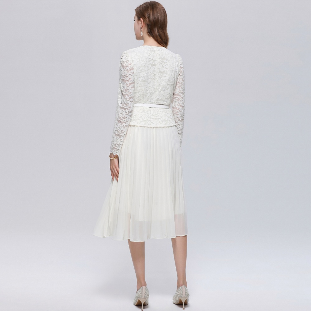 V-neck pinched waist with belt long sleeve dress