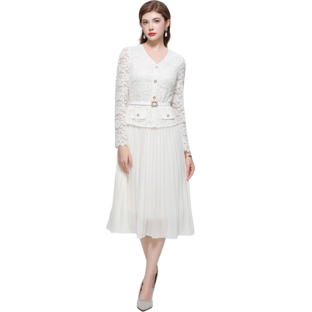 V-neck pinched waist with belt long sleeve dress