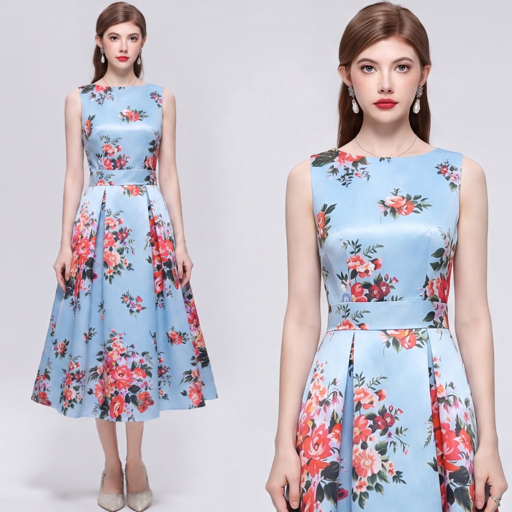 Sleeveless pinched waist clipping printing dress
