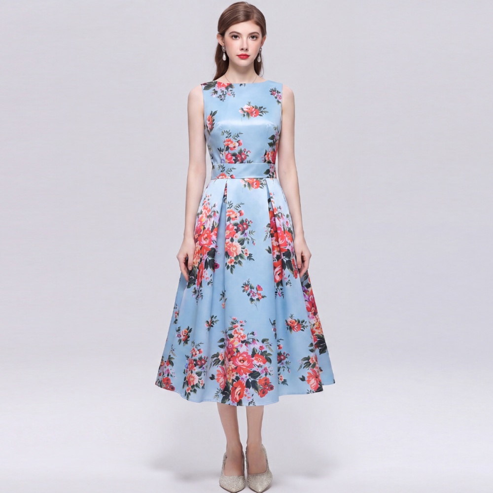 Sleeveless pinched waist clipping printing dress