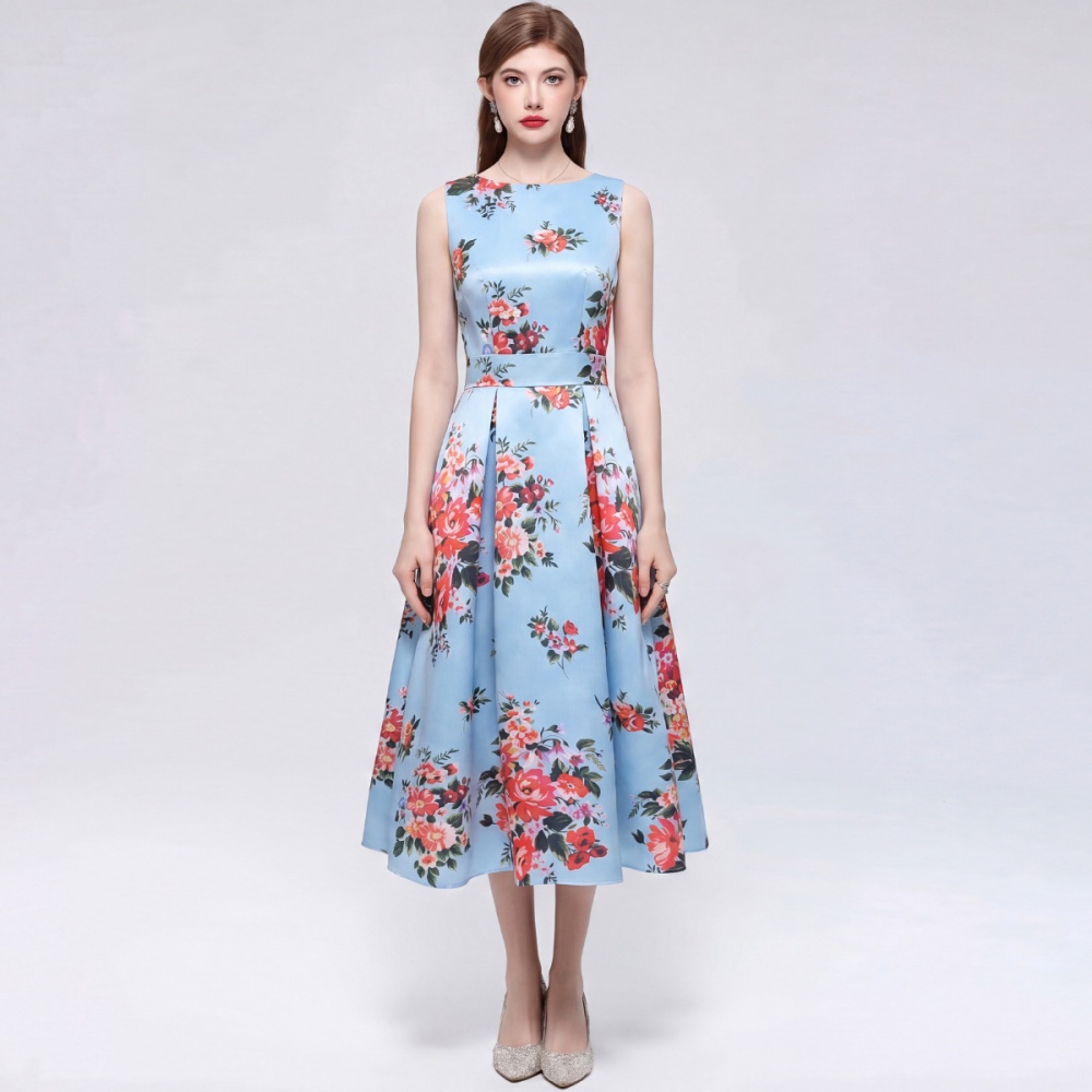 Sleeveless pinched waist clipping printing dress