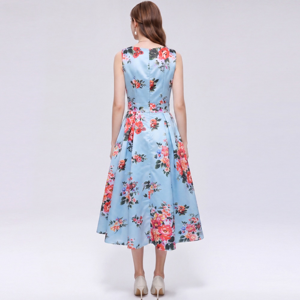 Sleeveless pinched waist clipping printing dress