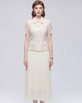 Lace short sleeve with belt pinched waist dress