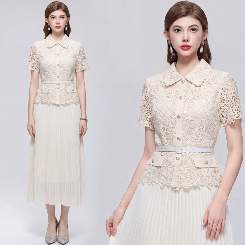 Lace short sleeve with belt pinched waist dress