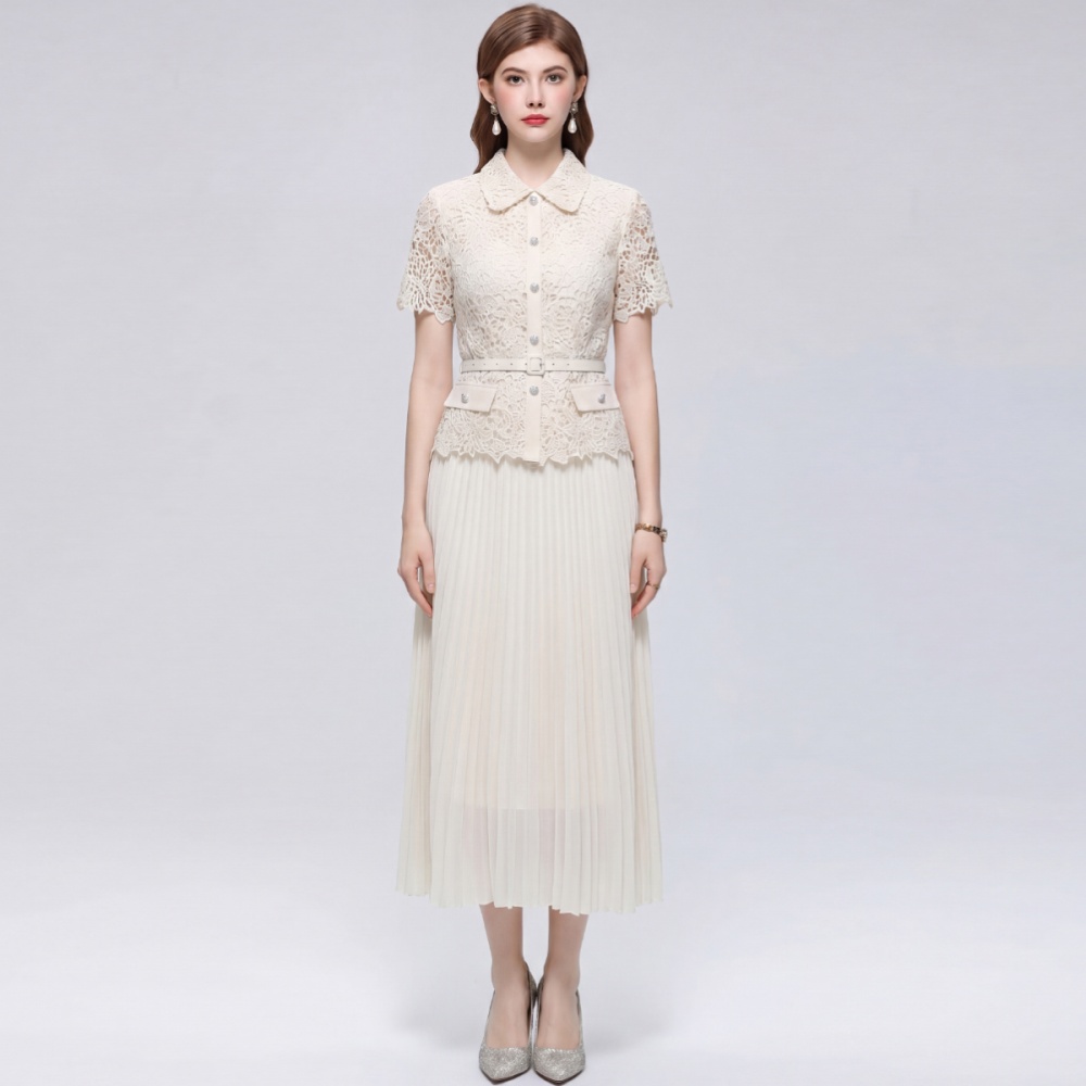Lace short sleeve with belt pinched waist dress