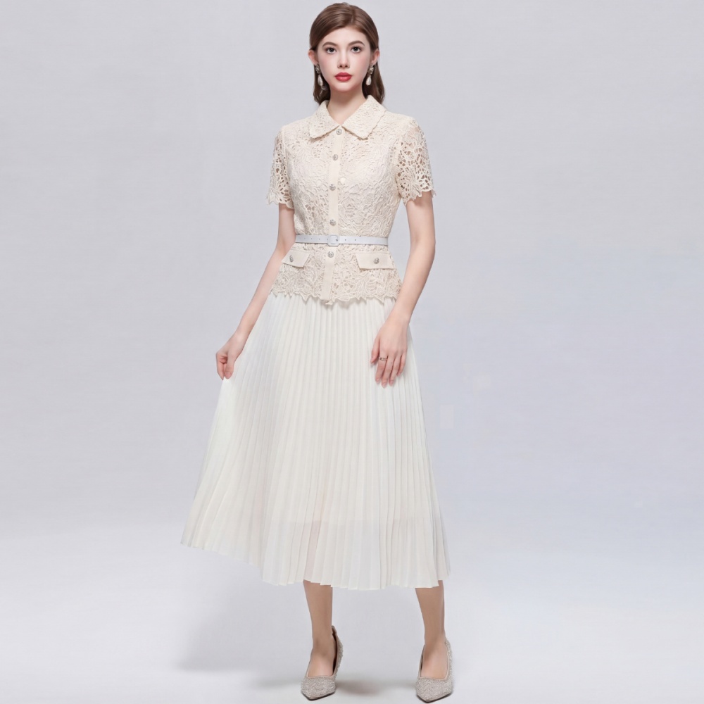 Lace short sleeve with belt pinched waist dress