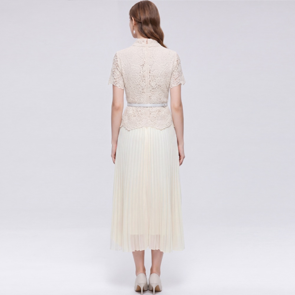 Lace short sleeve with belt pinched waist dress