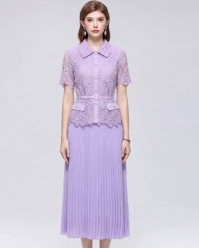 France style doll collar slim pleated with belt dress