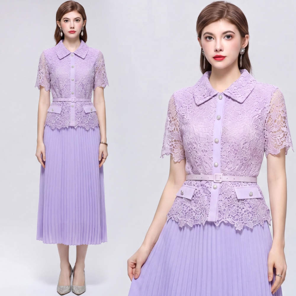 France style doll collar slim pleated with belt dress
