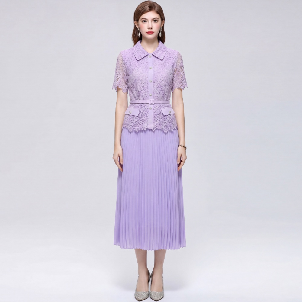 France style doll collar slim pleated with belt dress
