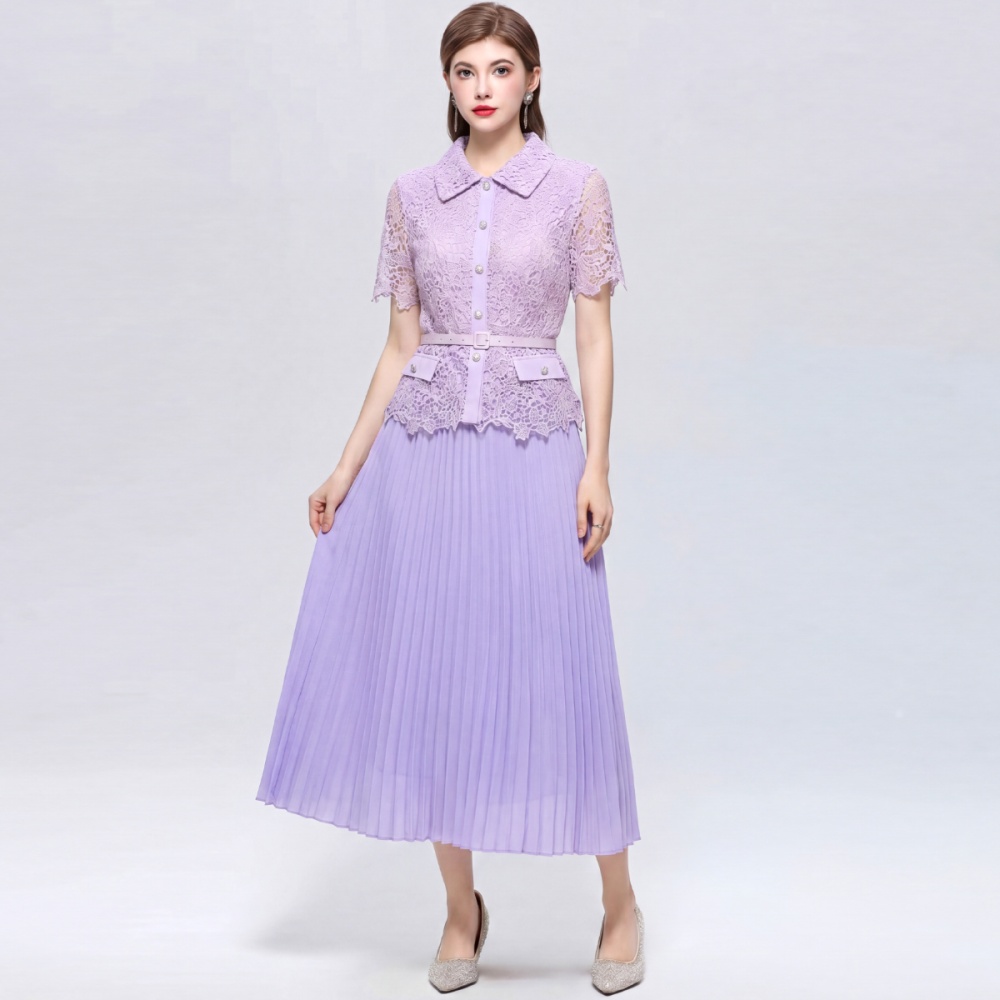 France style doll collar slim pleated with belt dress