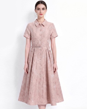 Lapel with belt shirt jacquard high waist dress