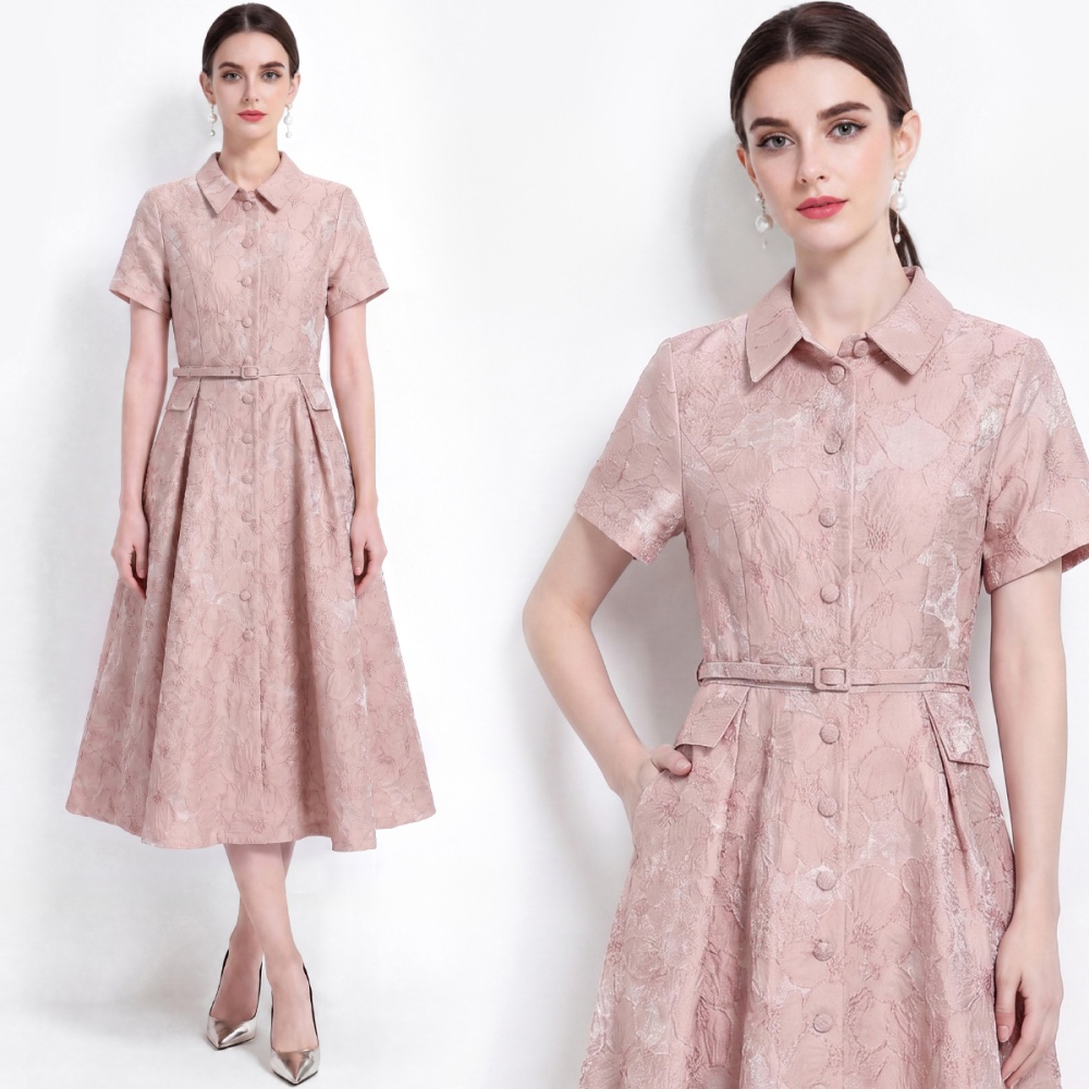 Lapel with belt shirt jacquard high waist dress