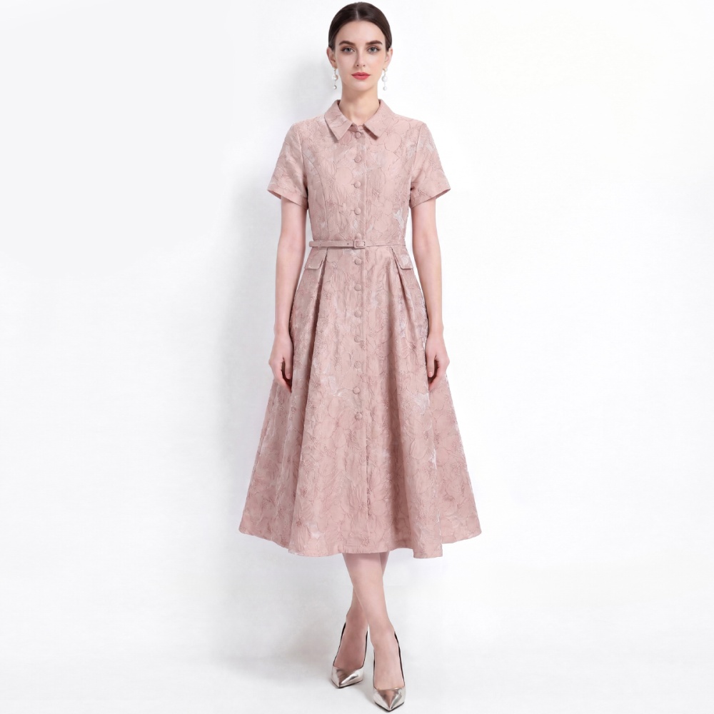 Lapel with belt shirt jacquard high waist dress