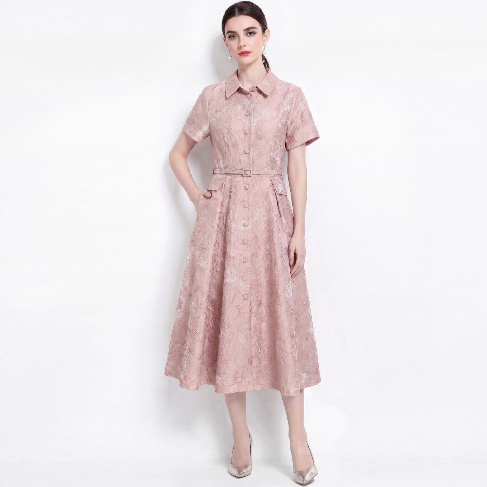 Lapel with belt shirt jacquard high waist dress