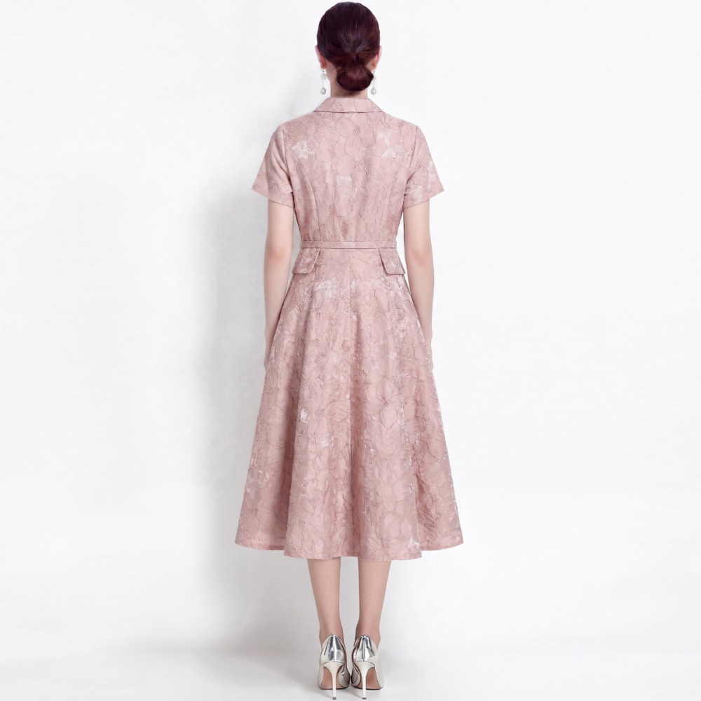 Lapel with belt shirt jacquard high waist dress