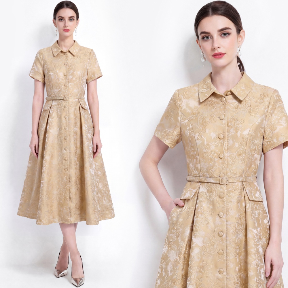 Slim with belt shirt jacquard light luxury dress