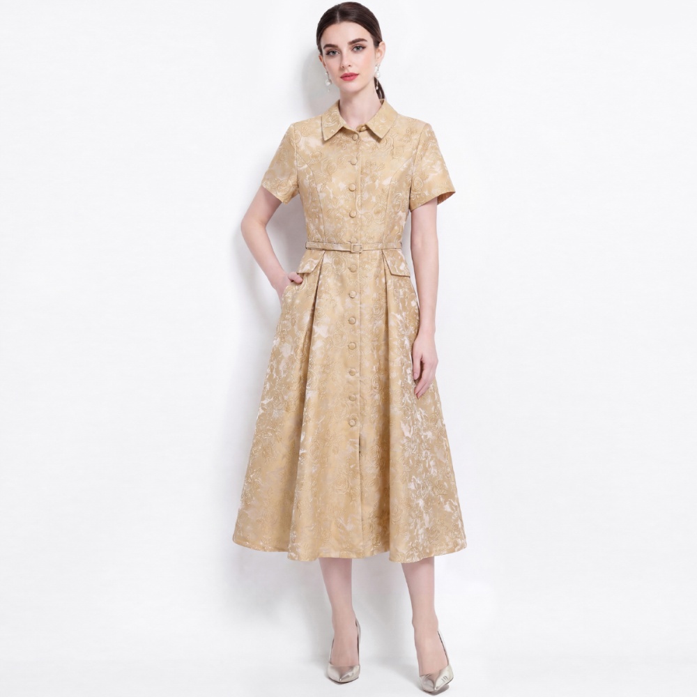 Slim with belt shirt jacquard light luxury dress