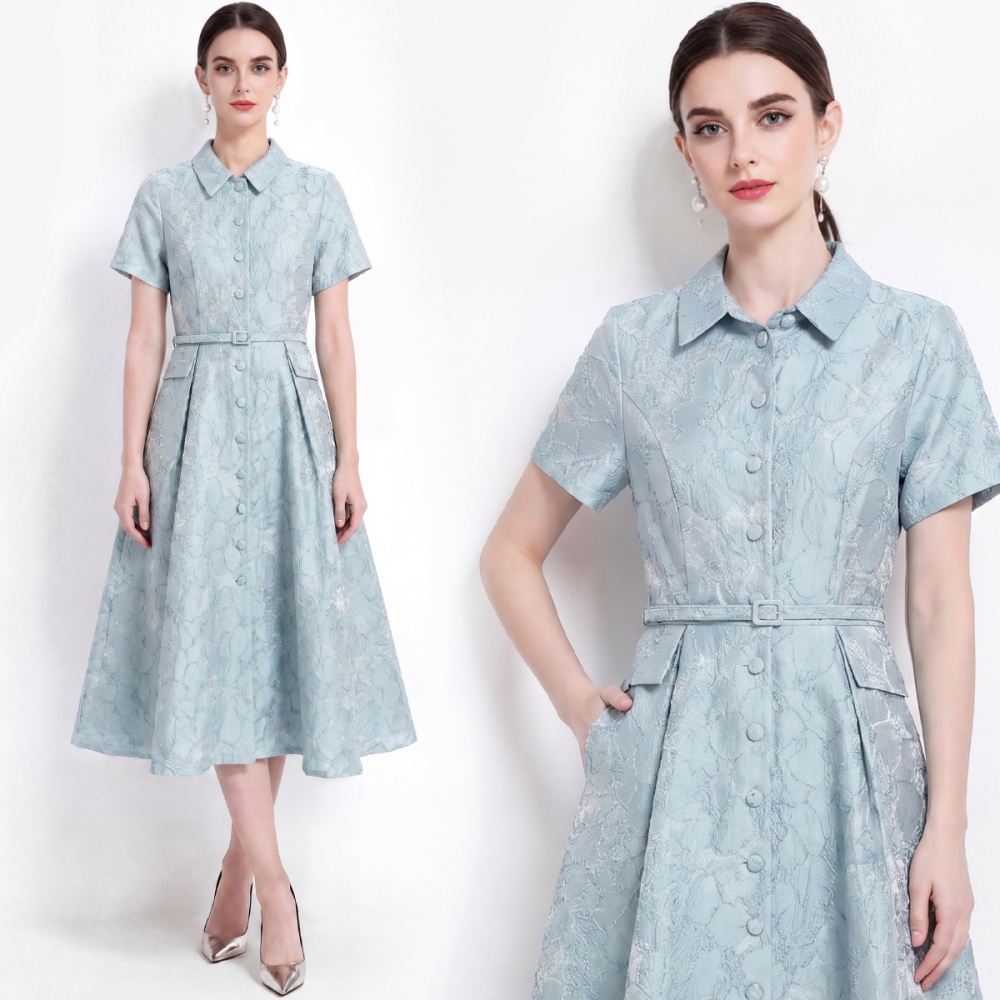 France style slim with belt dress jacquard lapel shirt