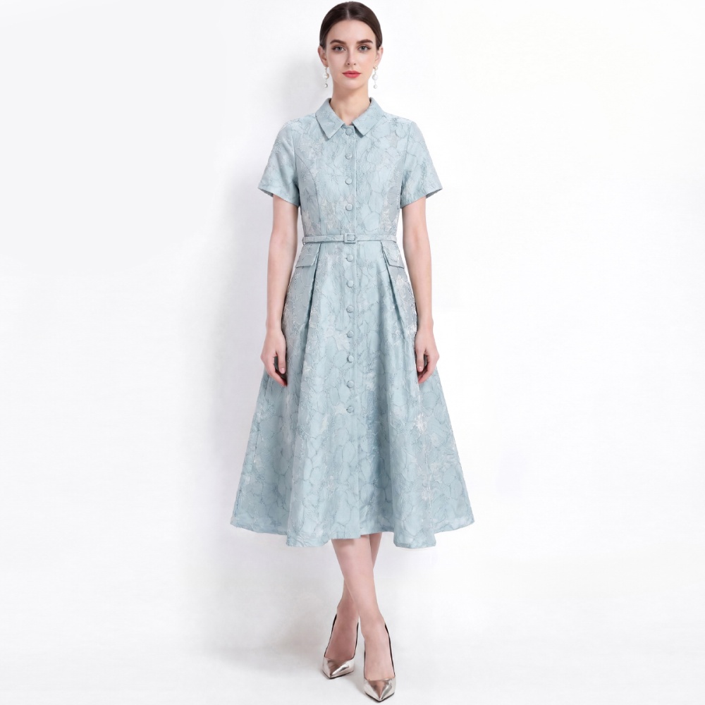 France style slim with belt dress jacquard lapel shirt