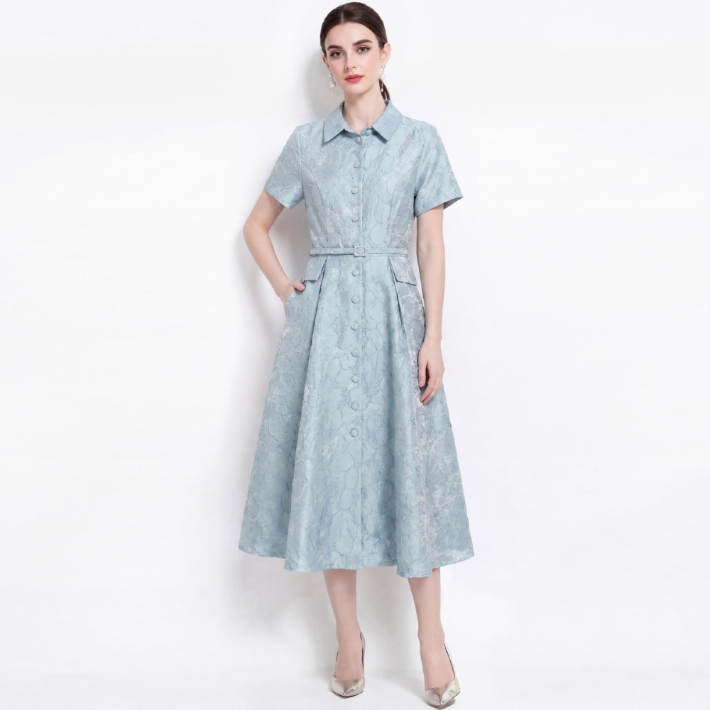 France style slim with belt dress jacquard lapel shirt