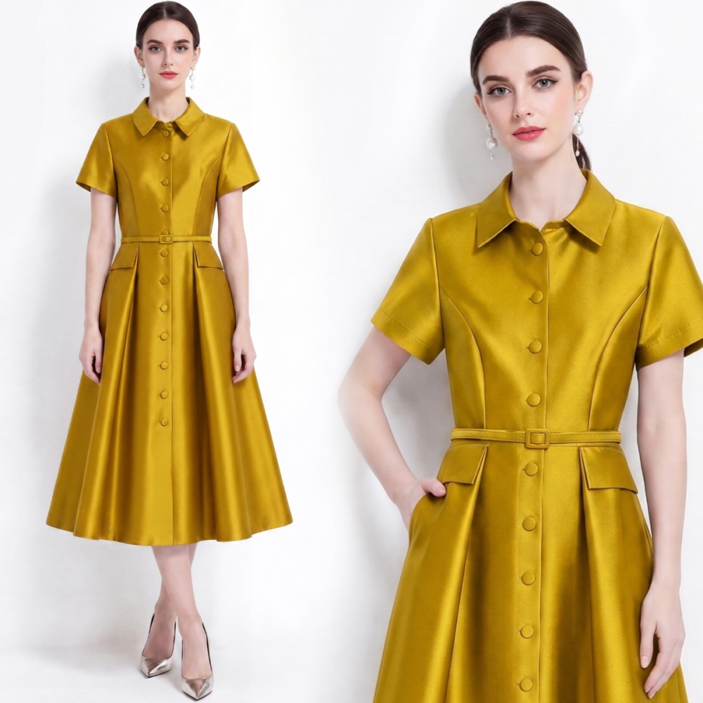 Light luxury slim lapel dress high waist France style shirt
