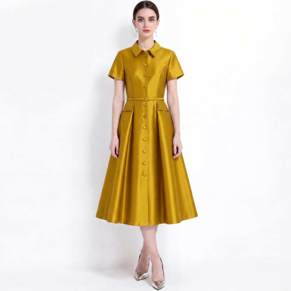 Light luxury slim lapel dress high waist France style shirt