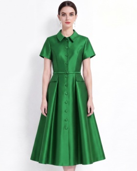 Lapel France style slim shirt satin with belt dress