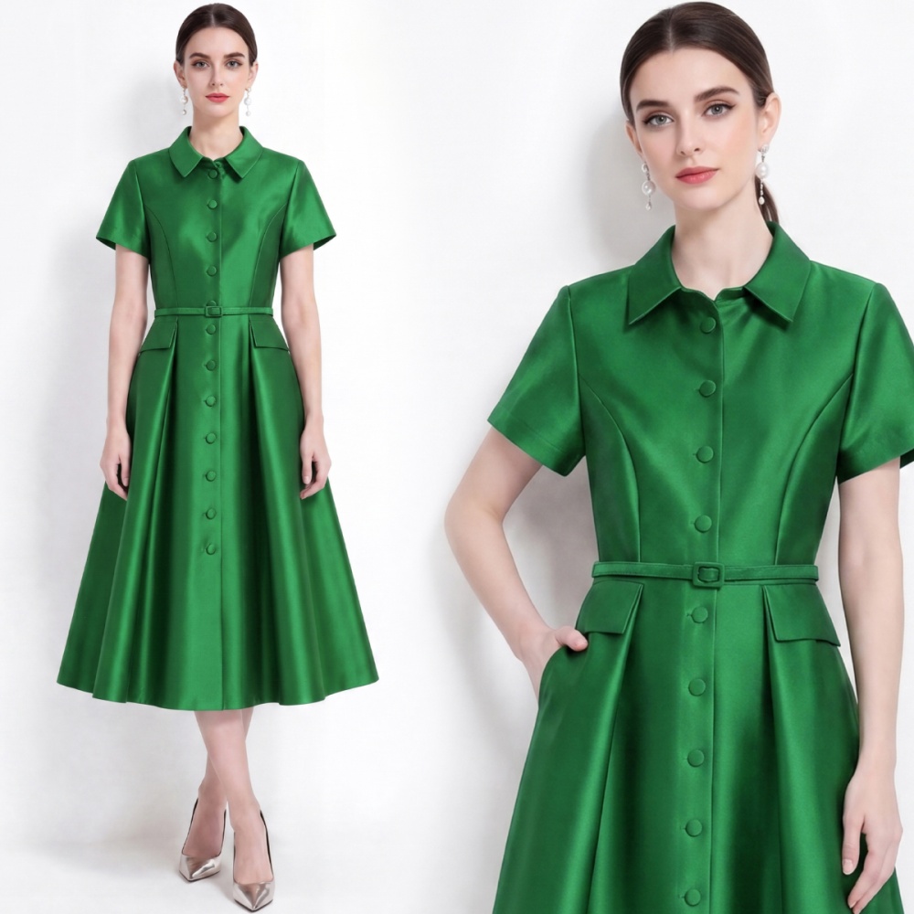 Lapel France style slim shirt satin with belt dress