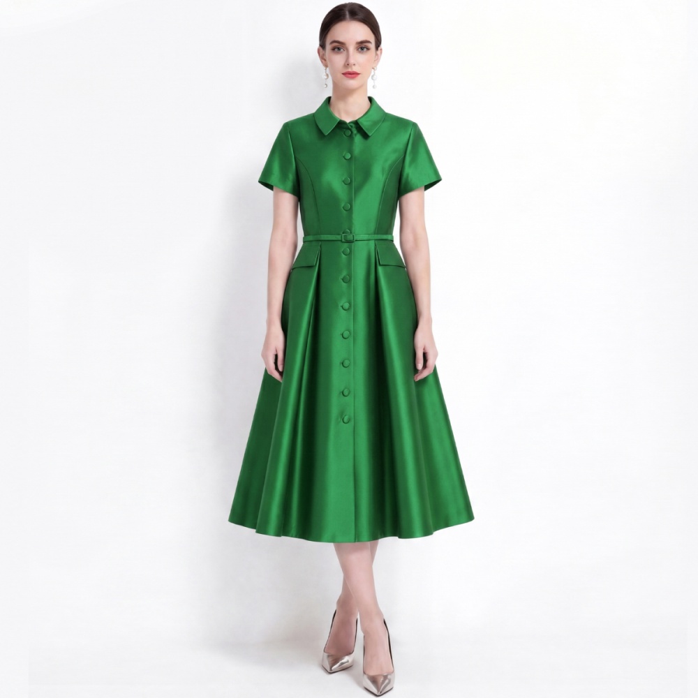 Lapel France style slim shirt satin with belt dress