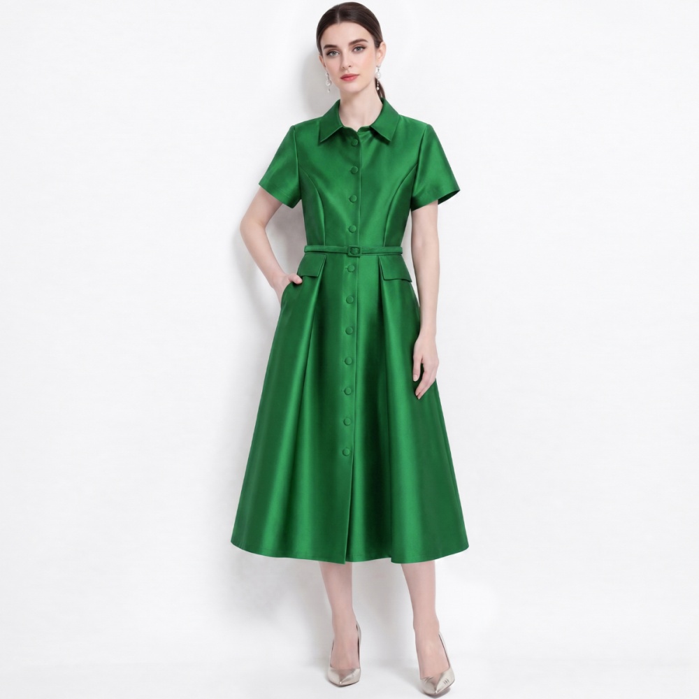 Lapel France style slim shirt satin with belt dress