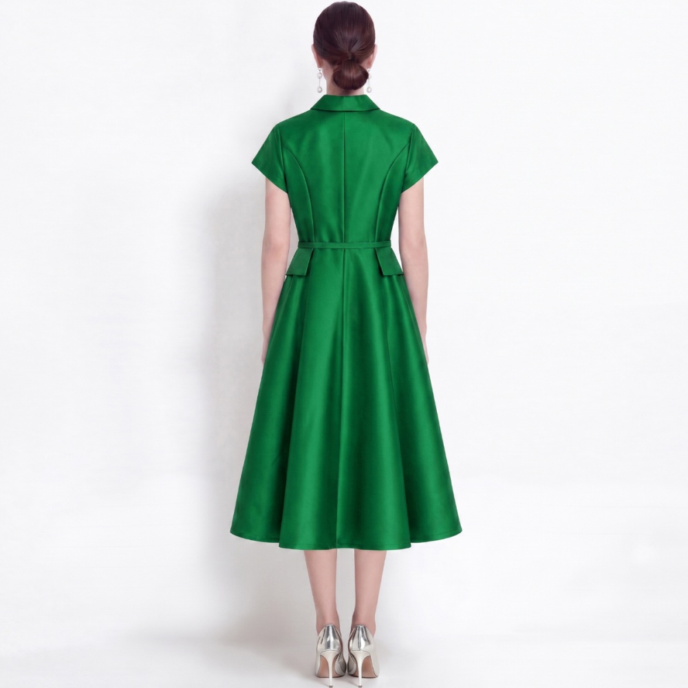Lapel France style slim shirt satin with belt dress
