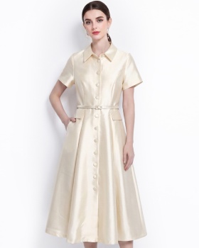 Light luxury lapel satin shirt slim high waist dress