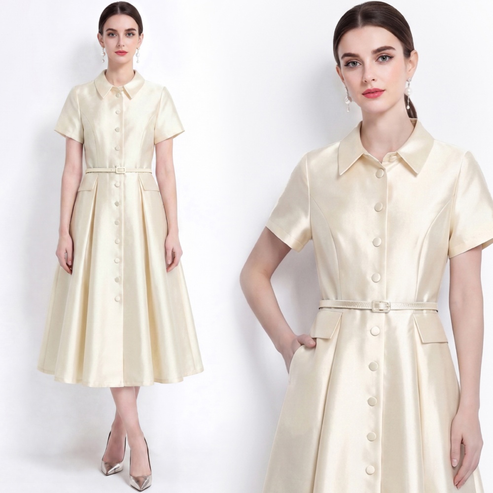 Light luxury lapel satin shirt slim high waist dress