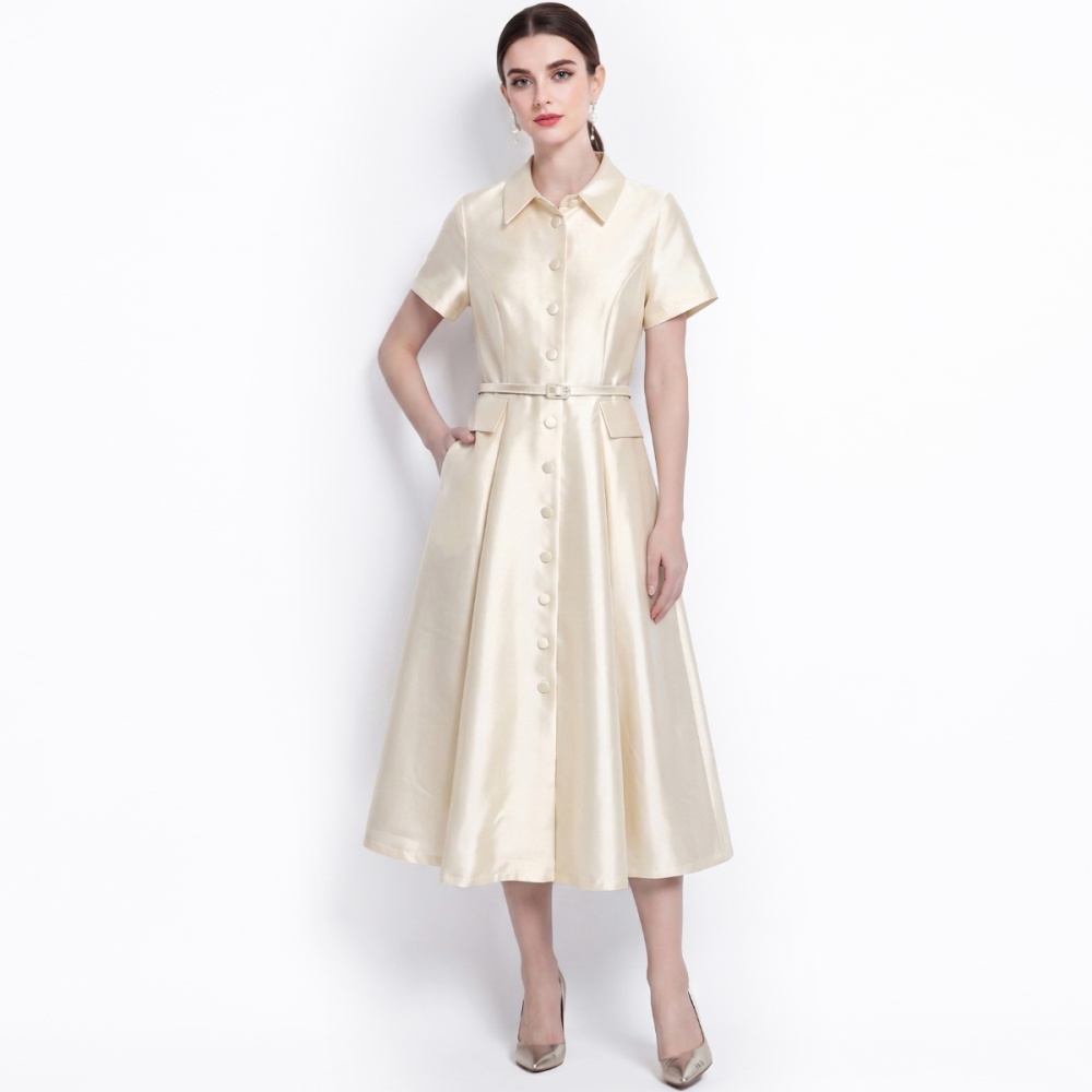 Light luxury lapel satin shirt slim high waist dress