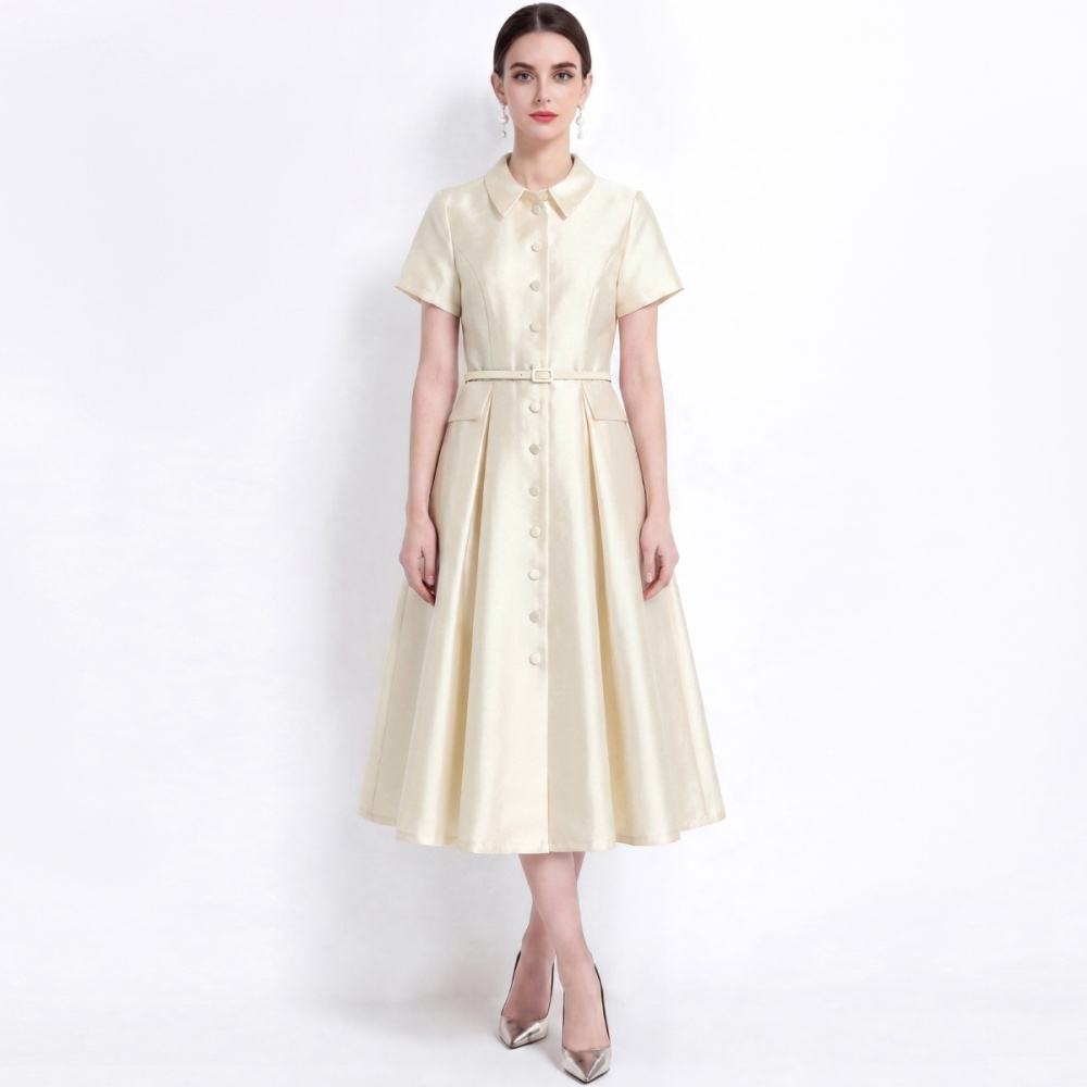 Light luxury lapel satin shirt slim high waist dress