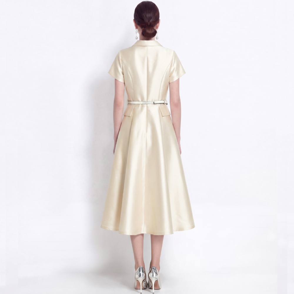 Light luxury lapel satin shirt slim high waist dress