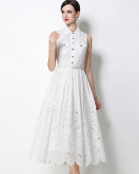 With belt sleeveless hollow dress temperament simple long dress