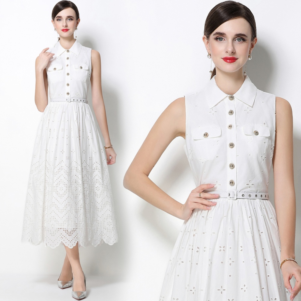 With belt sleeveless hollow dress temperament simple long dress