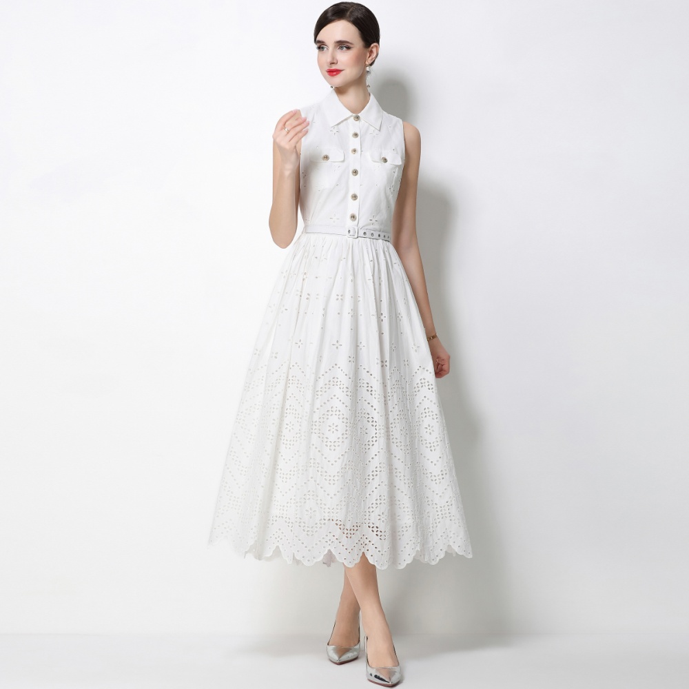 With belt sleeveless hollow dress temperament simple long dress
