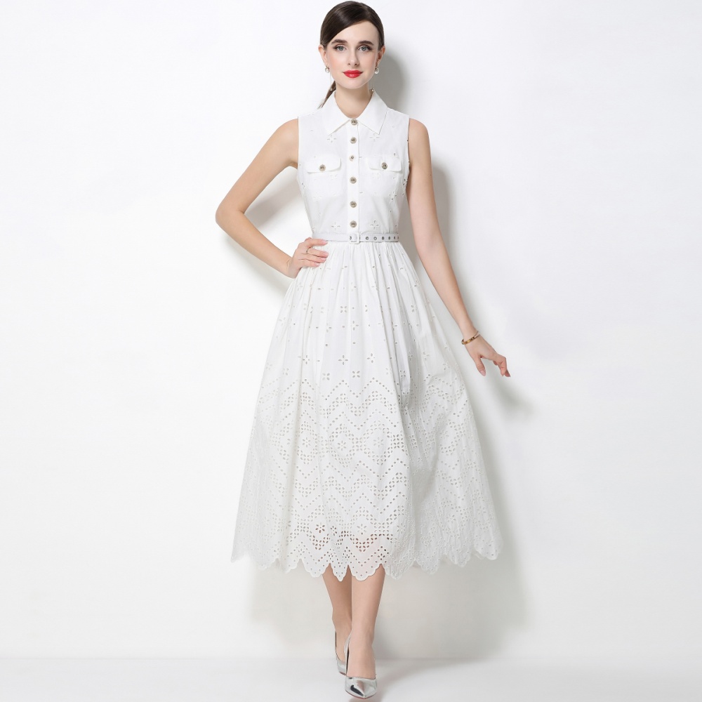 With belt sleeveless hollow dress temperament simple long dress