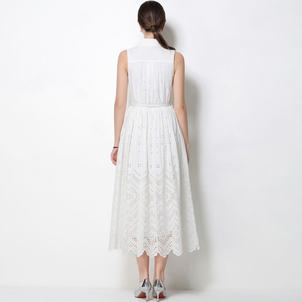 With belt sleeveless hollow dress temperament simple long dress